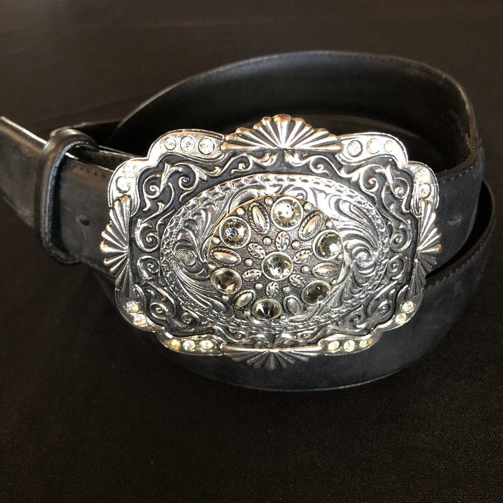 Silver Creek Black Leather Belt with Silver Buckle